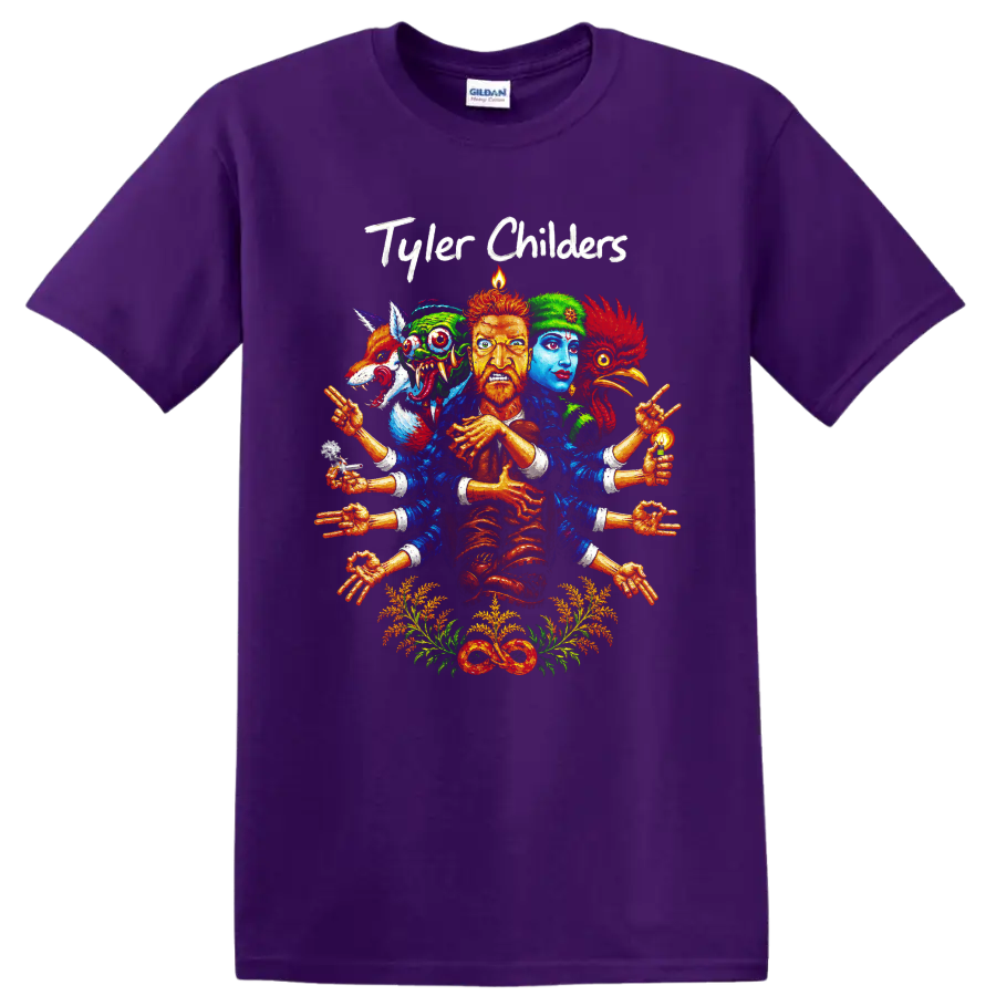 Tyler Childers surreal folk-art portrait with guitar, colorful faces, hands, and on a Purple T Shirt
