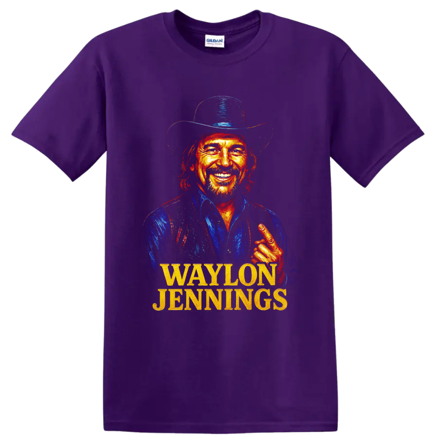 Waylon Jennings painted cowboy hat portrait with bold gold name lettering on a Purple T Shirt