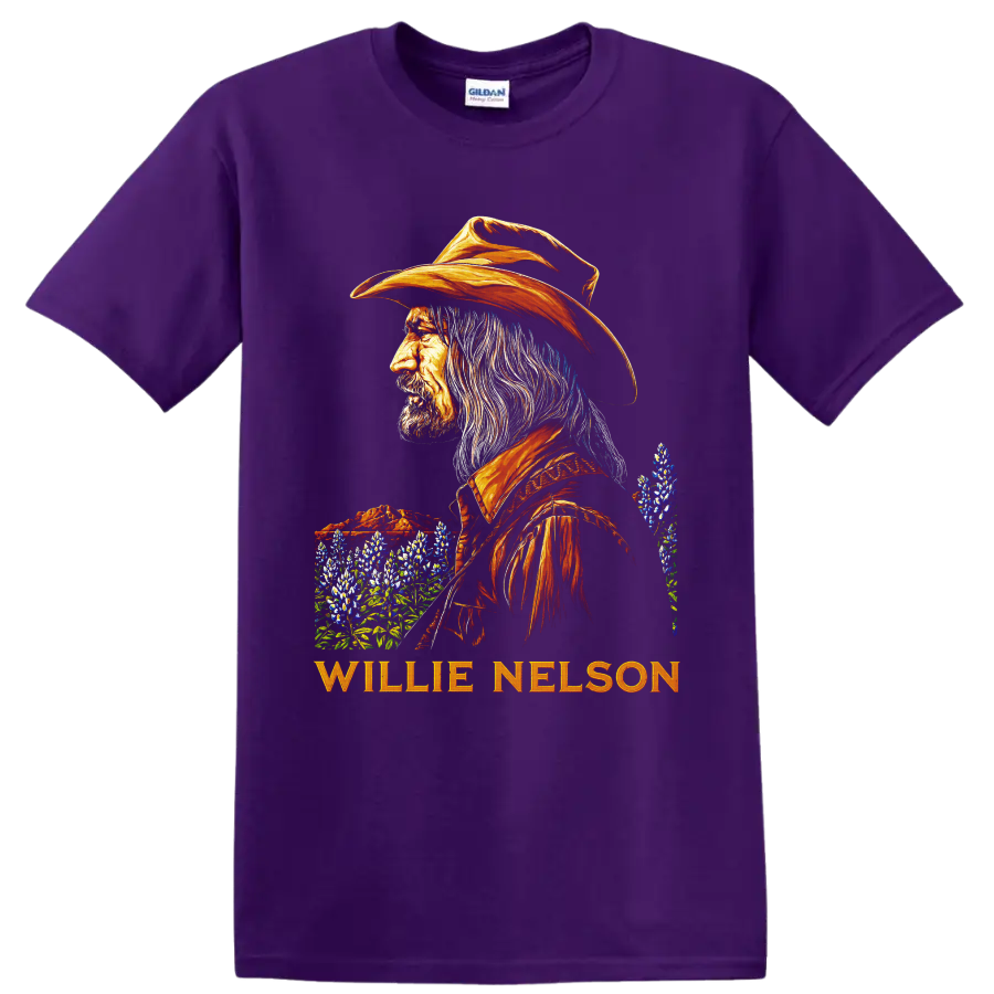 Willie Nelson western portrait with orange cowboy hat, bluebonnets, and name lettering on a Purple T Shirt