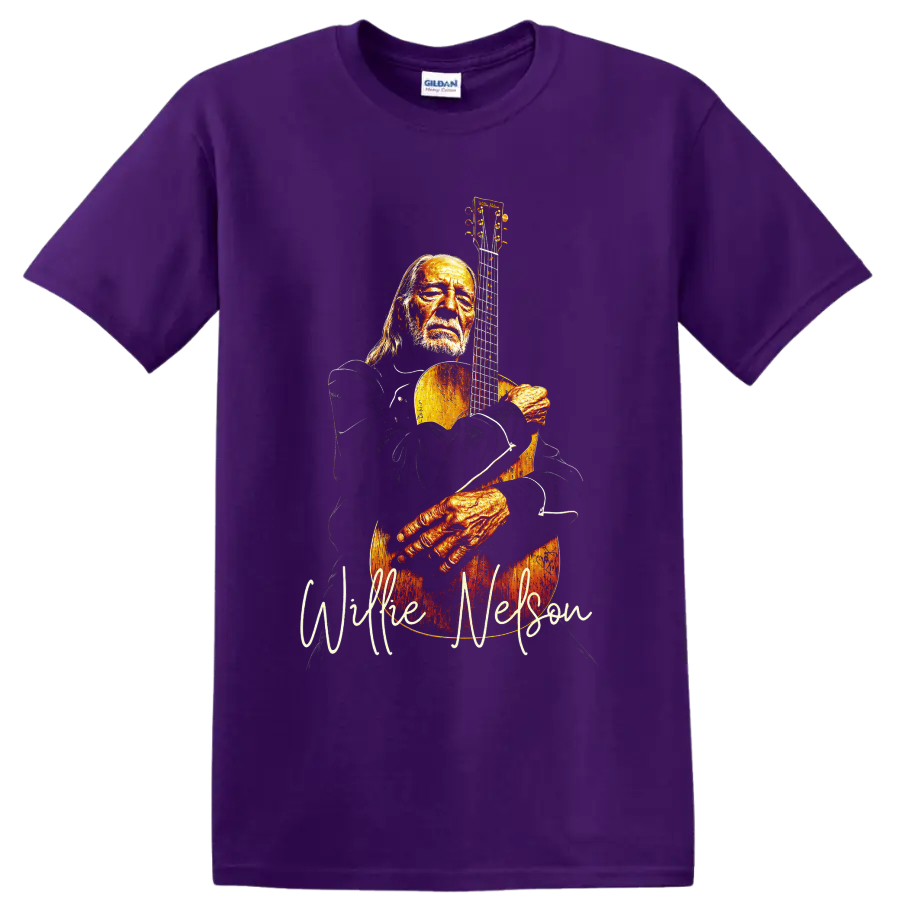 Willie Nelson holding an acoustic guitar in a warm vintage-style portrait on a Purple T Shirt