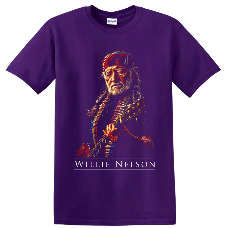 Willie Nelson guitar portrait in a bold painterly country music style on a Purple T Shirt