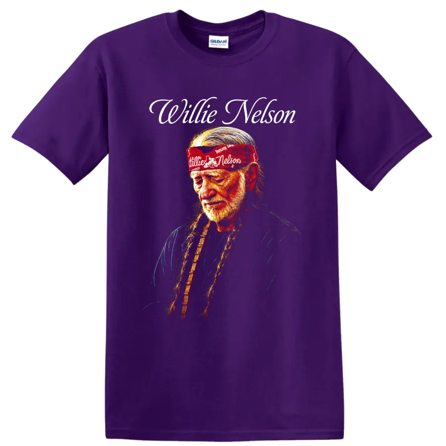 Willie Nelson portrait with long braids, red bandana, and white script lettering on a Purple T Shirt