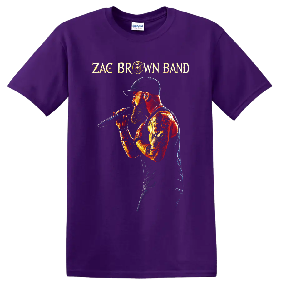 Zac Brown Band singer with microphone in a fiery distressed concert portrait on a Purple T Shirt