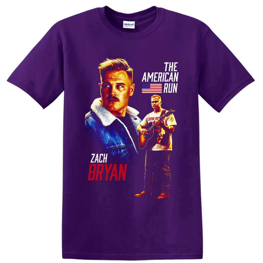 Zach Bryan portrait and acoustic guitar graphic with American flag and The American Run on a Purple T Shirt