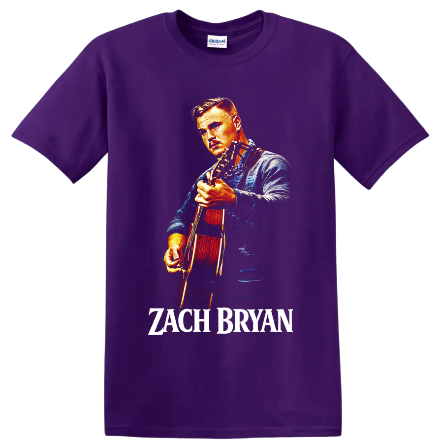 Zach Bryan illustrated portrait playing acoustic guitar with name text on a Purple T Shirt