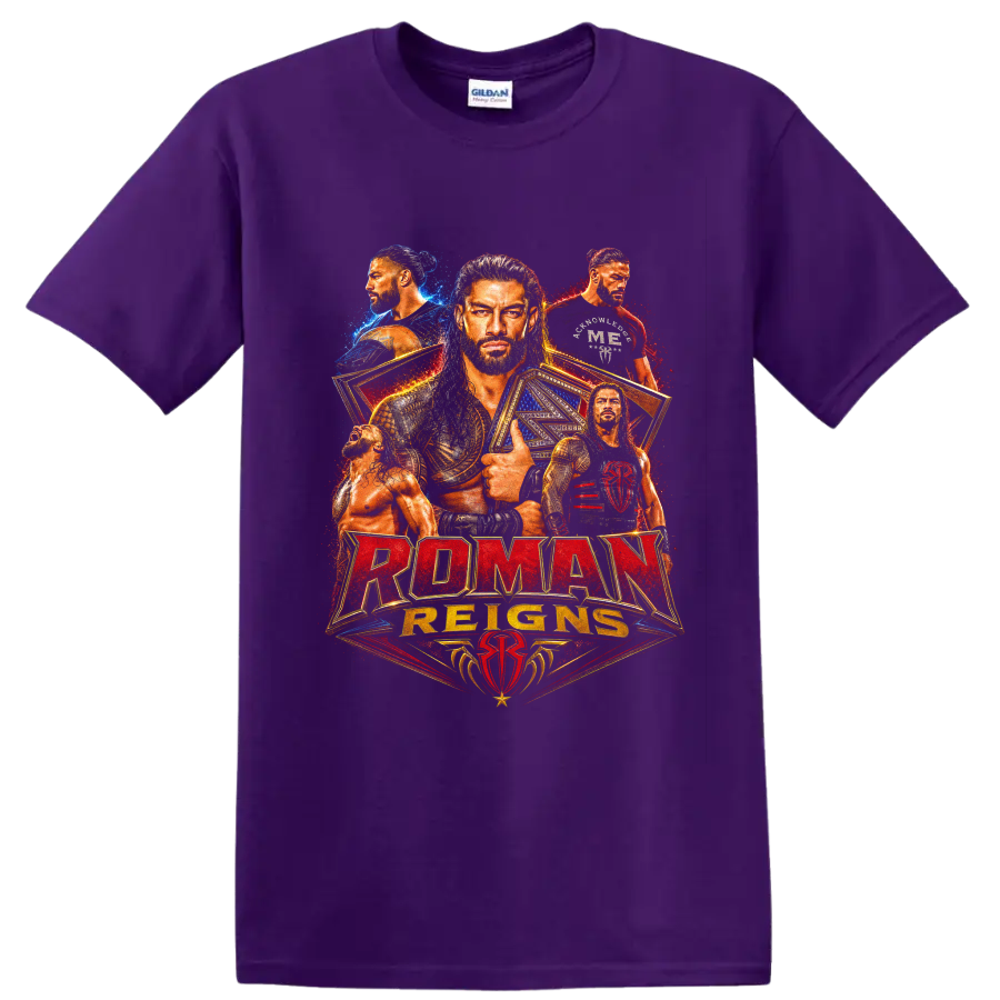 Roman Reigns championship portrait collage with gold belts and red blue splatter on a Purple T Shirt