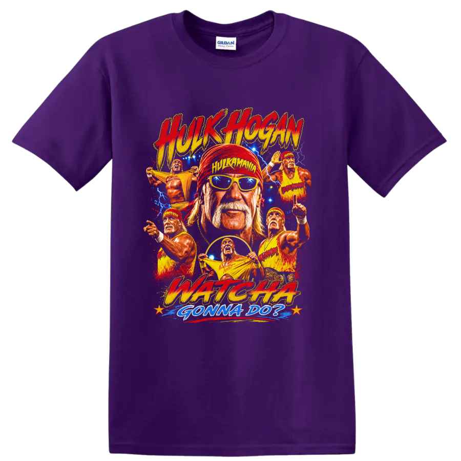 Hulk Hogan retro wrestling collage with lightning, action poses, and Hulkamania text on a Purple T Shirt