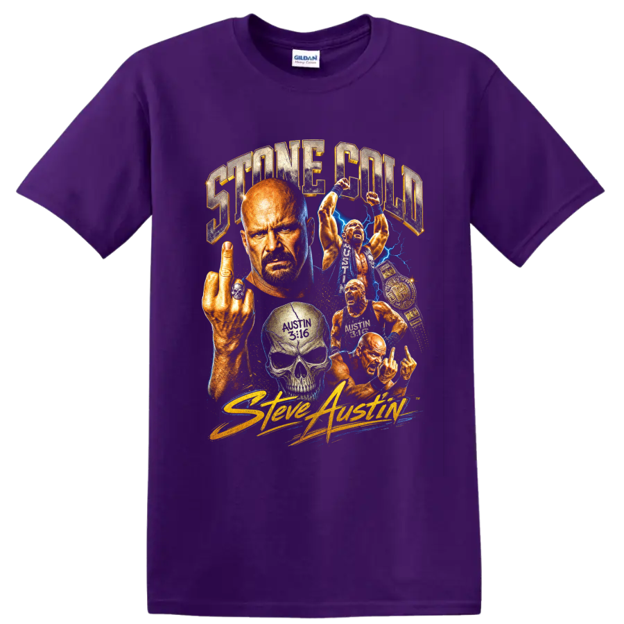 Stone Cold Steve Austin wrestling collage with skull, championship belt, and blue on a Purple T Shirt
