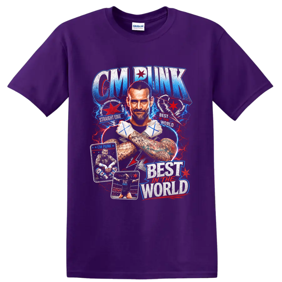 CM Punk portrait with crossed taped fists, Chicago stars, ring action, and distressed on a Purple T Shirt
