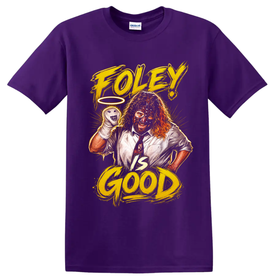 Mick Foley Mankind with sock puppet, halo, and Foley Is Good distressed lettering on a Purple T Shirt
