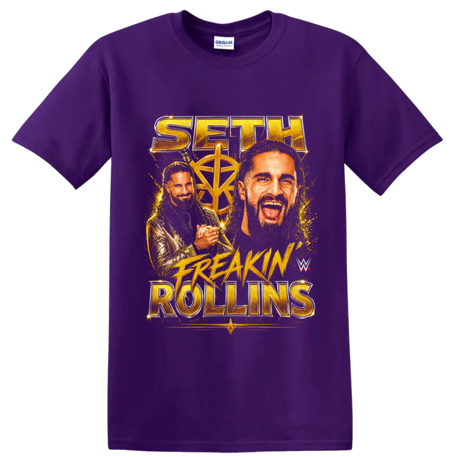Seth Rollins gold portrait collage with championship lettering and fiery splatter on a Purple T Shirt