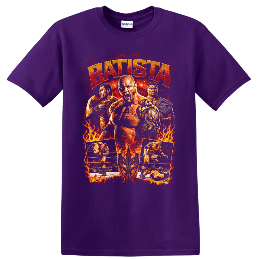 Batista wrestling collage with flames, ring action, championship belt, and distressed text on a Purple T Shirt