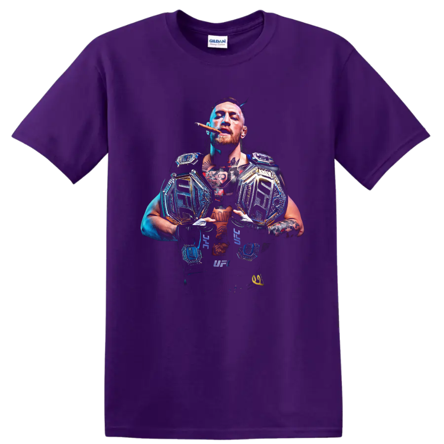 Conor McGregor with championship belts in a dramatic blue-and-gold MMA portrait on a Purple T Shirt