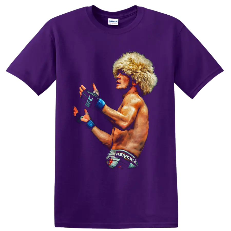Painted Khabib Nurmagomedov MMA portrait in papakha hat and UFC gloves on a Purple T Shirt