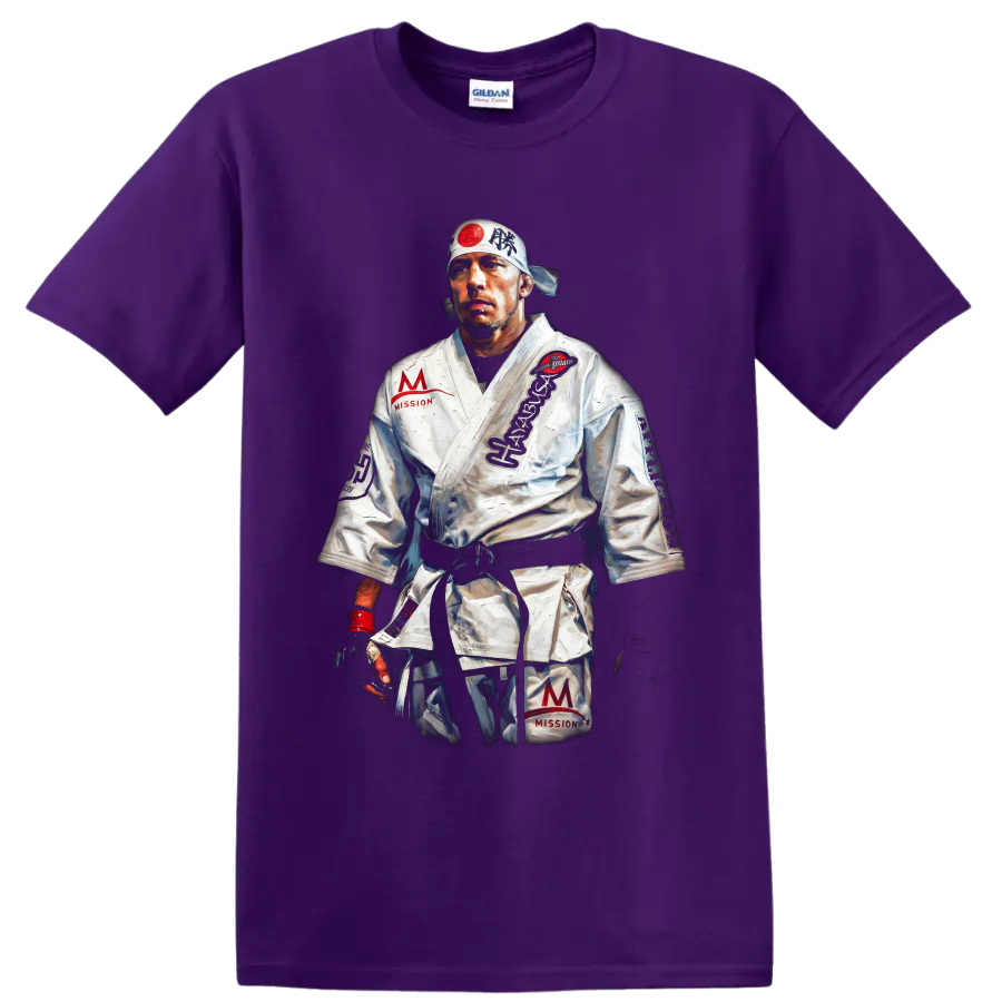 Painted Georges St-Pierre MMA fighter portrait in white gi and headband on a Purple T Shirt