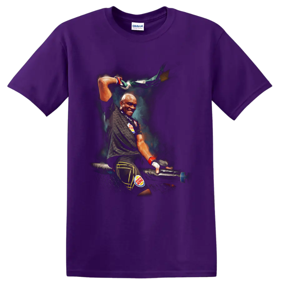 Anderson Silva in a dramatic painted cage-victory pose with raised Brazilian flag on a Purple T Shirt