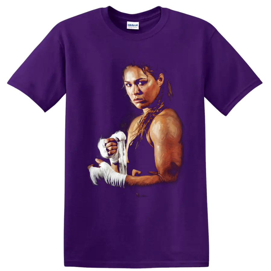 Ronda Rousey MMA fighter portrait with white hand wraps in dramatic painterly art on a Purple T Shirt