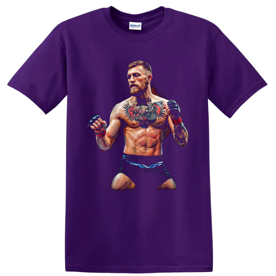 Painted Conor McGregor MMA fighter portrait with raised gloves and prominent tattoos on a Purple T Shirt