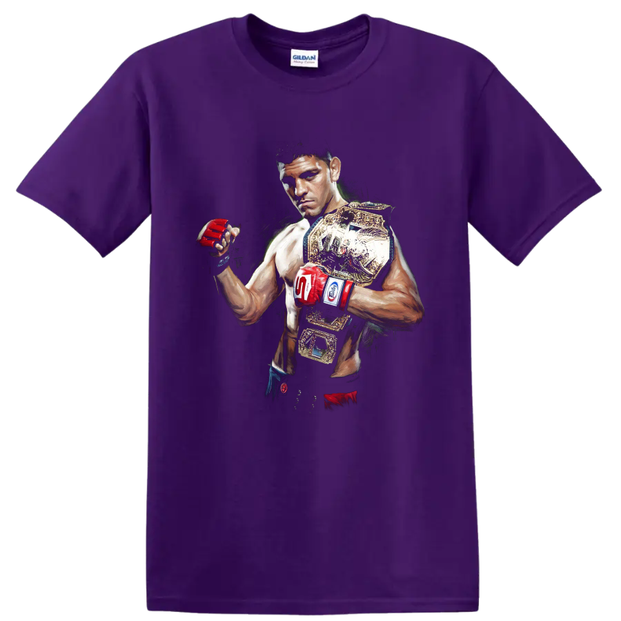Painted B.J. Penn MMA portrait with red gloves and gold championship belts on a Purple T Shirt
