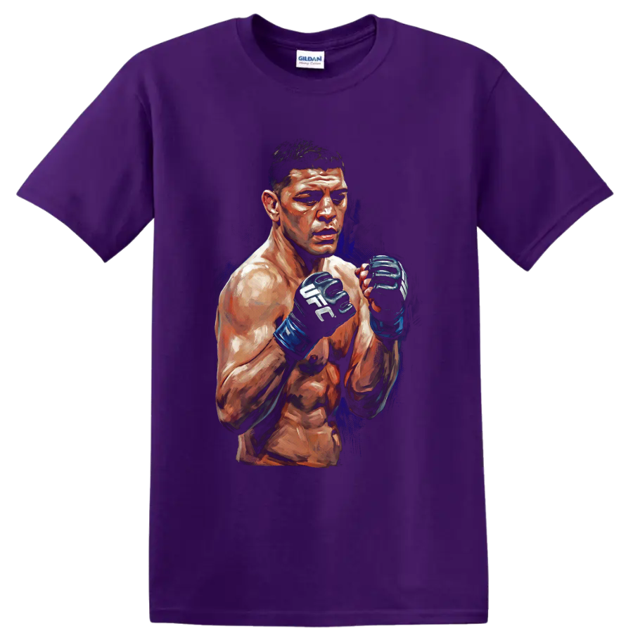 Nate Diaz painted MMA fighter portrait with raised UFC gloves and deep blue accents on a Purple T Shirt