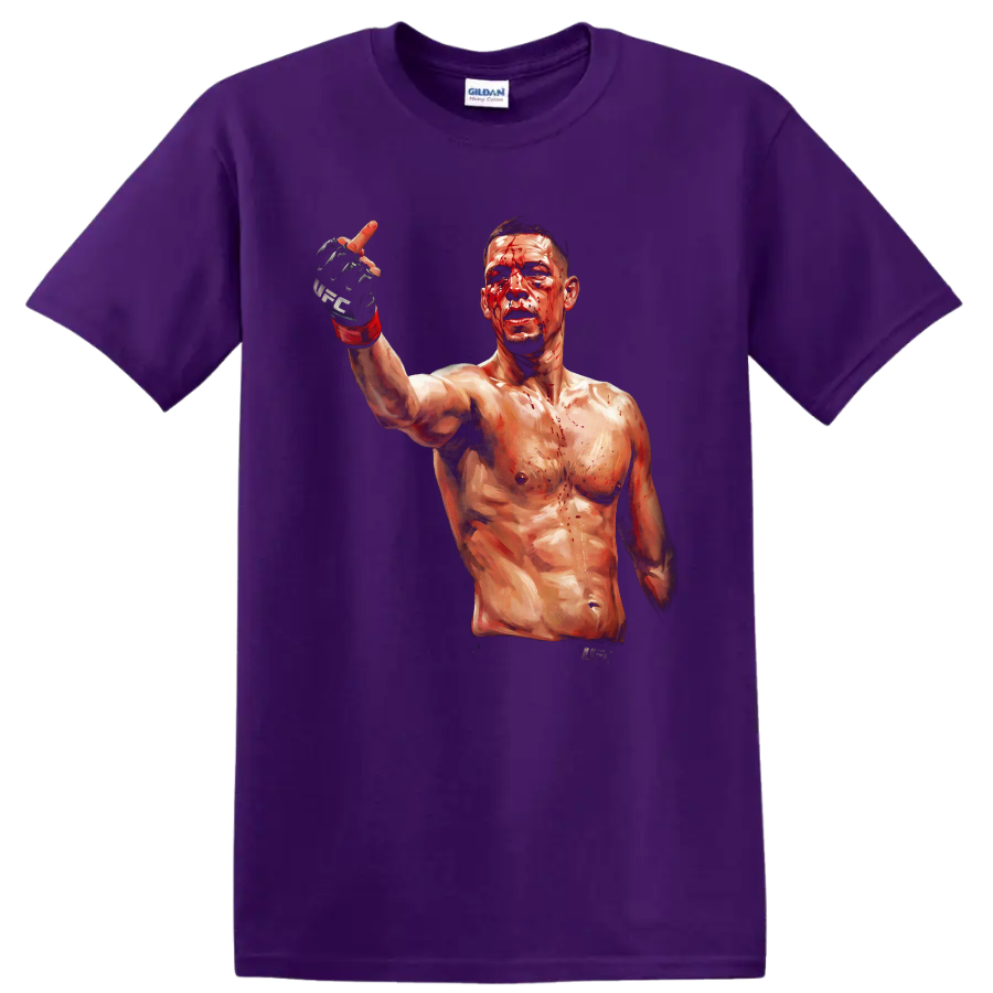 Nate Diaz bloodied MMA fighter portrait with raised gloved hand in painterly style on a Purple T Shirt