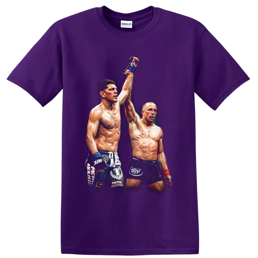 Nick Diaz and Georges St-Pierre in a painterly MMA raised-hand graphic on a Purple T Shirt