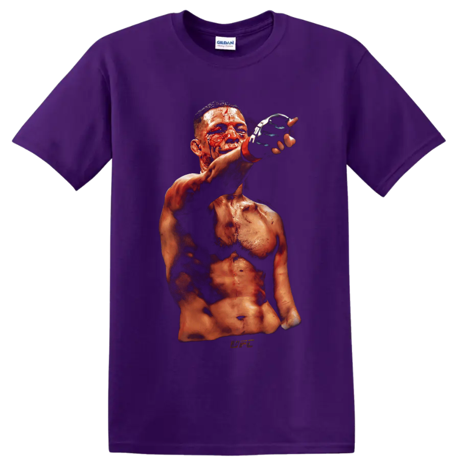 Nate Diaz bloodied MMA fighter portrait with raised black glove in gritty fight-night on a Purple T Shirt