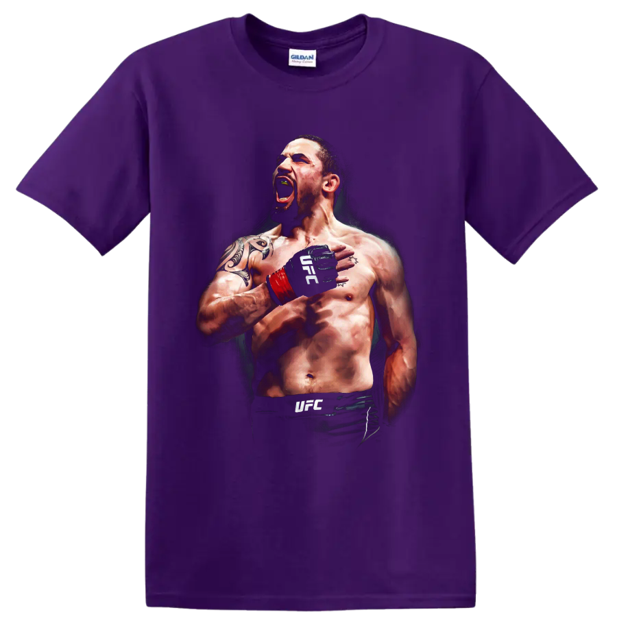 Robert Whittaker The Reaper roaring MMA fighter portrait with red wrist wrap on a Purple T Shirt