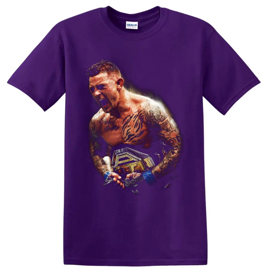 Dustin Poirier roaring MMA fighter portrait with tattoos, blue wraps, and championship on a Purple T Shirt