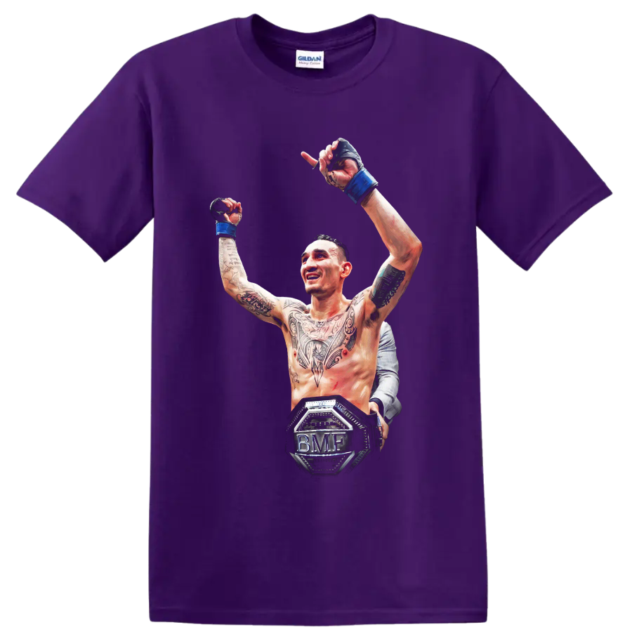 Max Holloway raising gloved hands in detailed MMA victory artwork with BMF belt on a Purple T Shirt