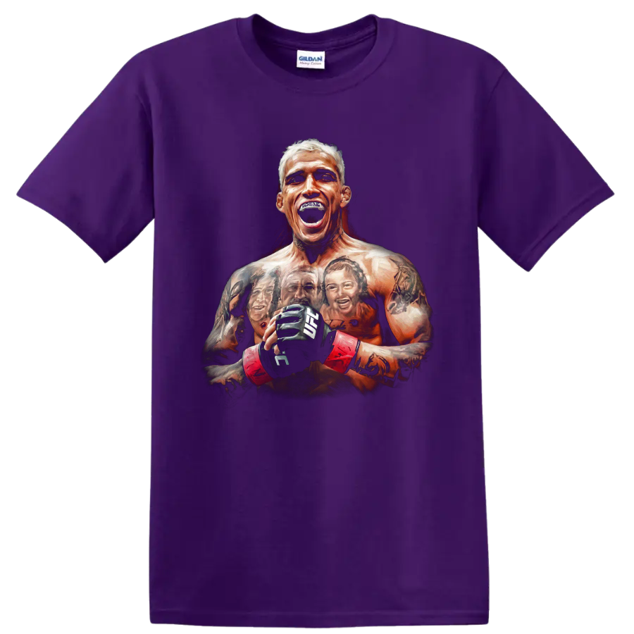 Charles Oliveira roaring MMA fighter portrait with gloves, red wraps, and tattoo artwork on a Purple T Shirt