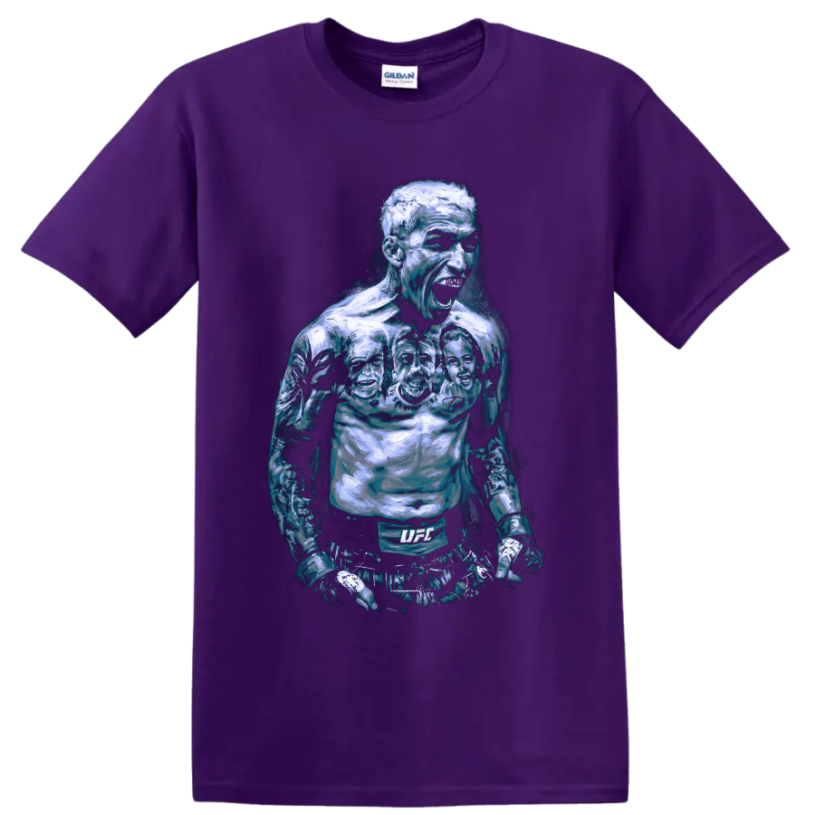 Charles Oliveira roaring MMA fighter portrait in icy blue painterly style on a Purple T Shirt