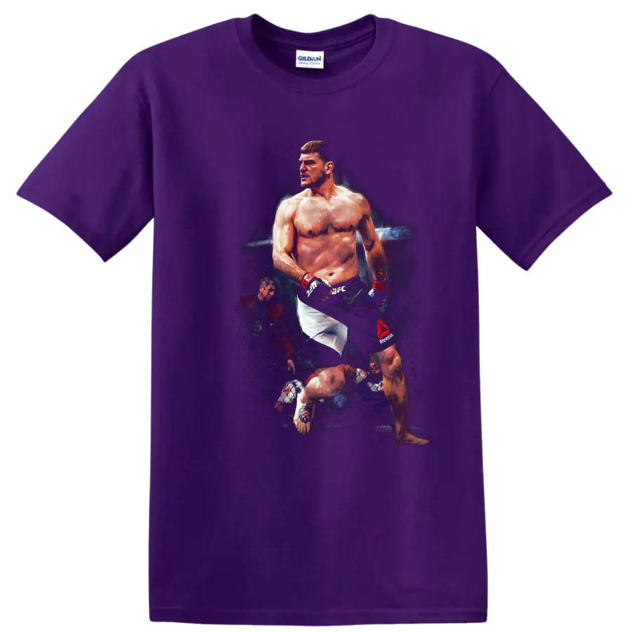 Tony Ferguson El Cucuy painted MMA fighter portrait in a dramatic cage on a Purple T Shirt