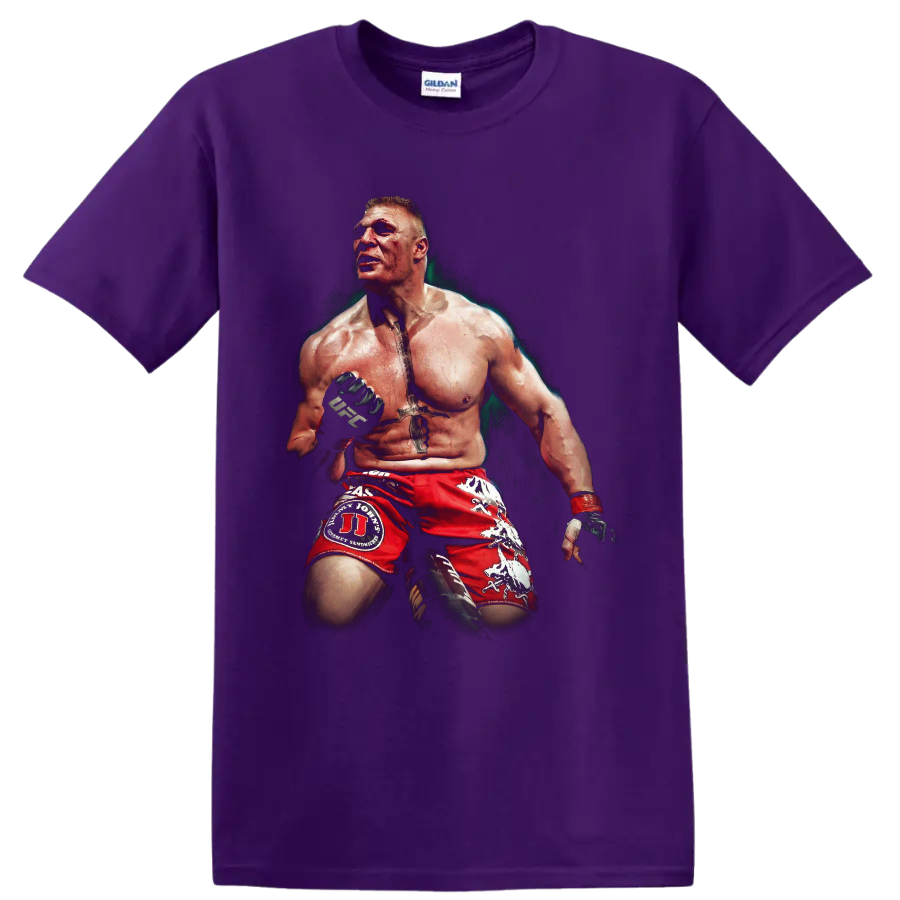 Brock Lesnar MMA portrait in red fight shorts with gloves and dramatic painted shading on a Purple T Shirt
