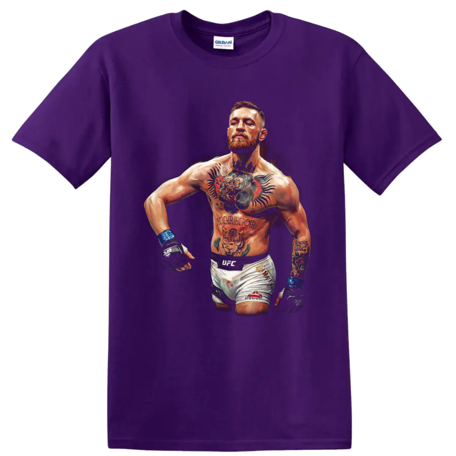 Conor McGregor tattooed MMA fighter portrait in dramatic painted illustration style on a Purple T Shirt