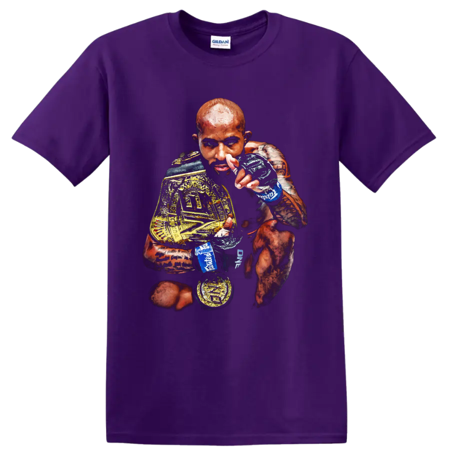 Demetrious Johnson painterly MMA portrait holding gold championship belts on a Purple T Shirt