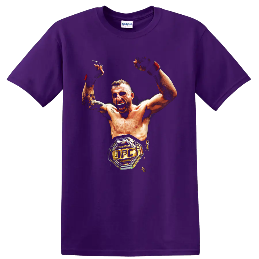 Alexander Volkanovski victory portrait with raised gloves and UFC championship belt on a Purple T Shirt