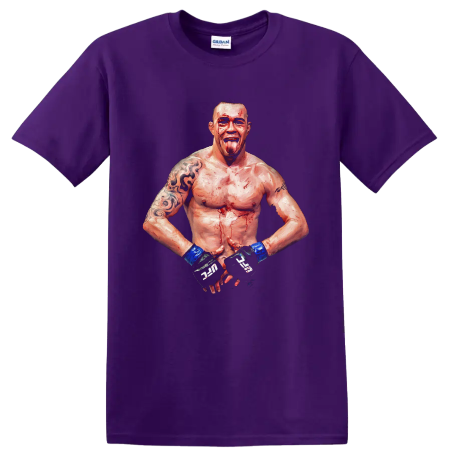 Erwin Smith MMA fighter in a bloodied painterly combat portrait with blue wrist wraps on a Purple T Shirt