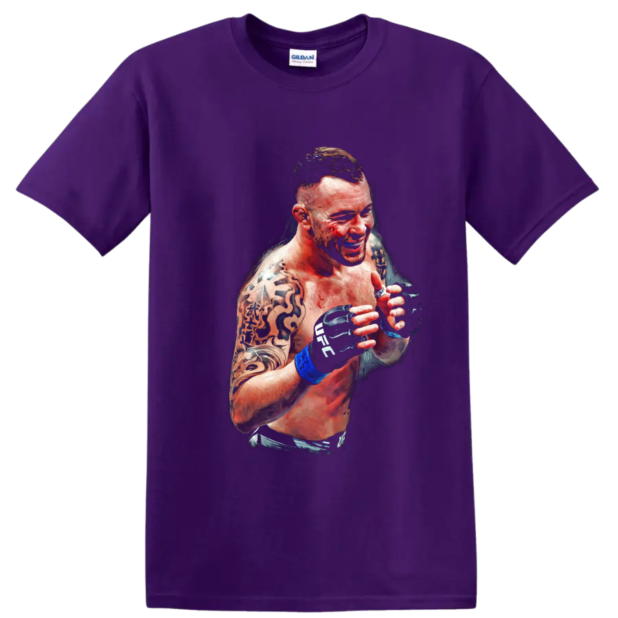 Dustin Poirier painterly MMA portrait with raised gloves and tattooed arms on a Purple T Shirt