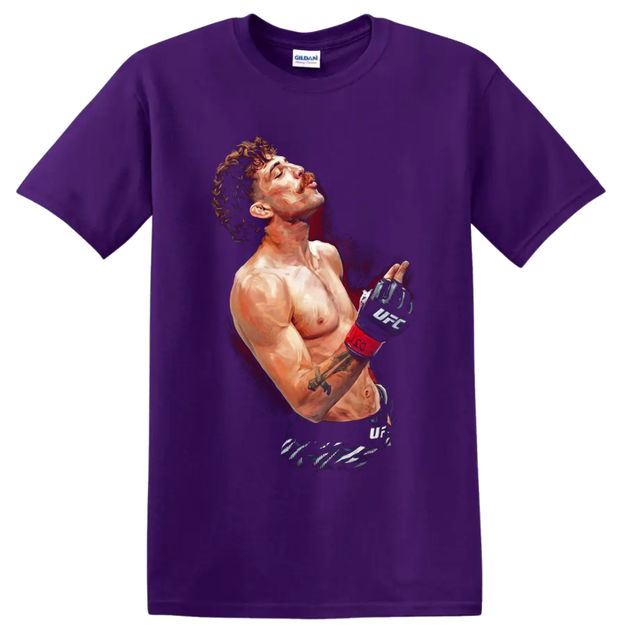 Quillan Salkilld painted MMA portrait with UFC gloves and red splatter backdrop on a Purple T Shirt