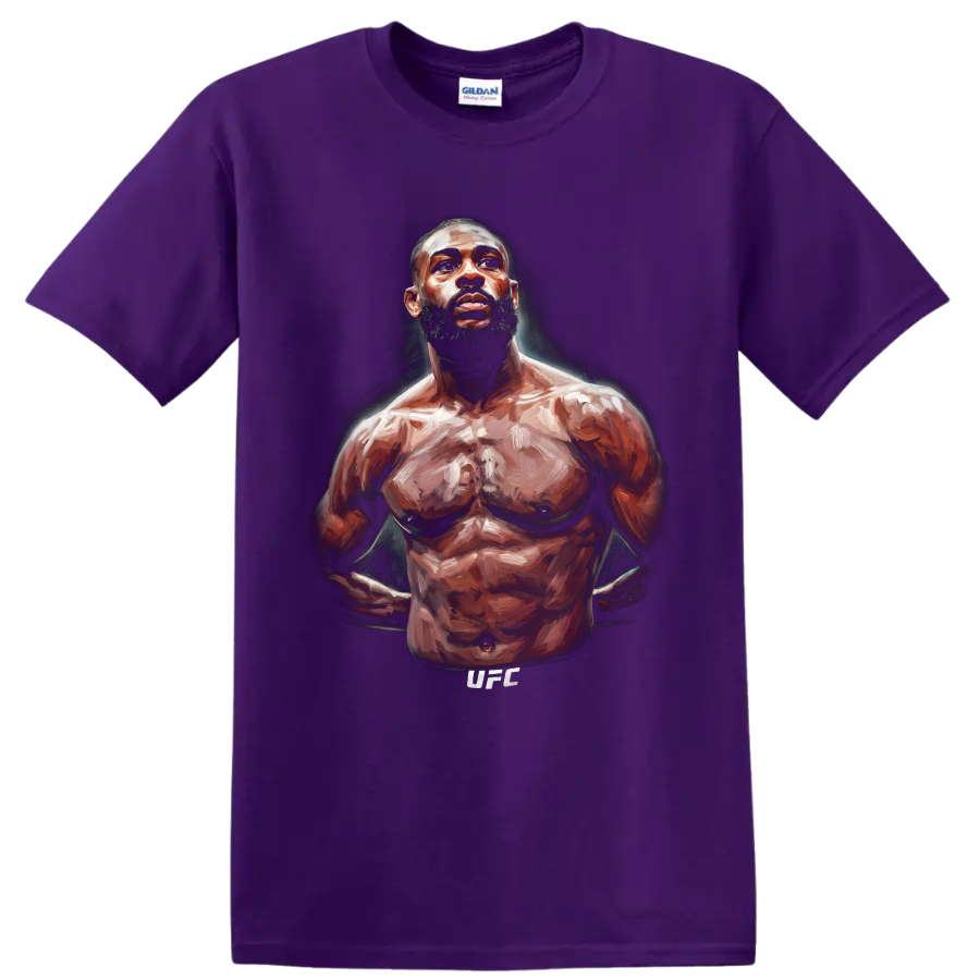 Aljamain Sterling painted UFC fighter portrait with dramatic brushwork on a Purple T Shirt