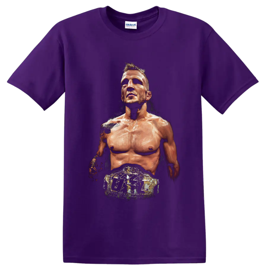 T.J. Dillashaw painterly MMA portrait wearing an ornate UFC championship belt on a Purple T Shirt