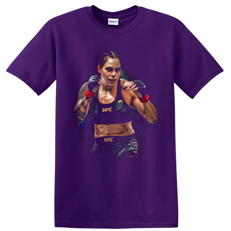 Amanda Nunes in a painted UFC guard stance with gloves, red wraps, and cage backdrop on a Purple T Shirt