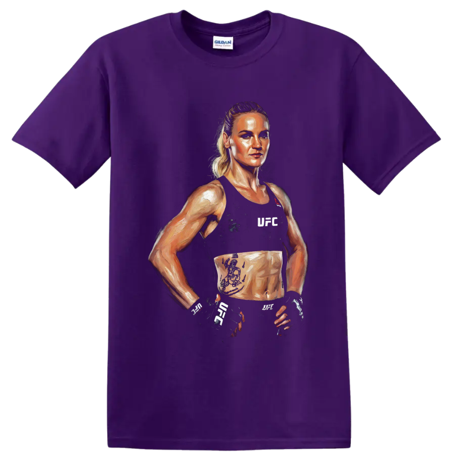 Valentina Shevchenko UFC fighter portrait in expressive painted combat sports style on a Purple T Shirt