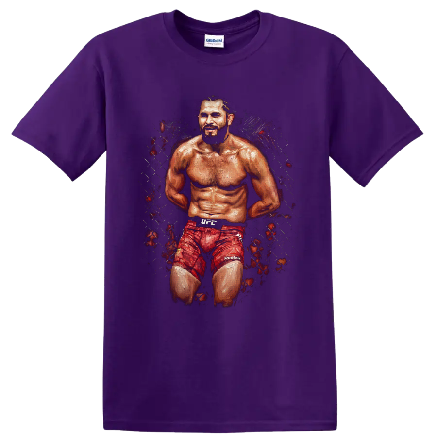 Jorge Masvidal Gamebred MMA fighter portrait in gritty painterly cage art on a Purple T Shirt