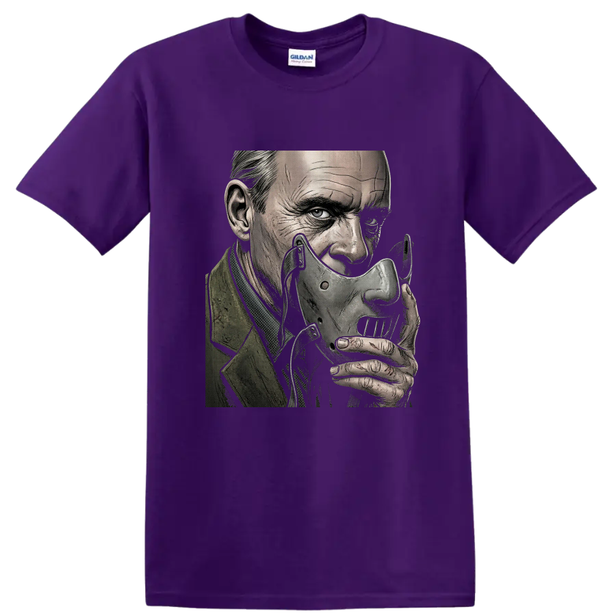 Hannibal Lecter wearing his signature mask in gothic halftone art on a Purple T Shirt