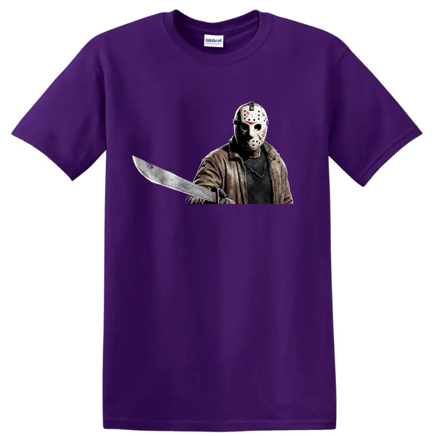 Jason Voorhees masked slasher holding a machete in gritty halftone art on a Purple T Shirt