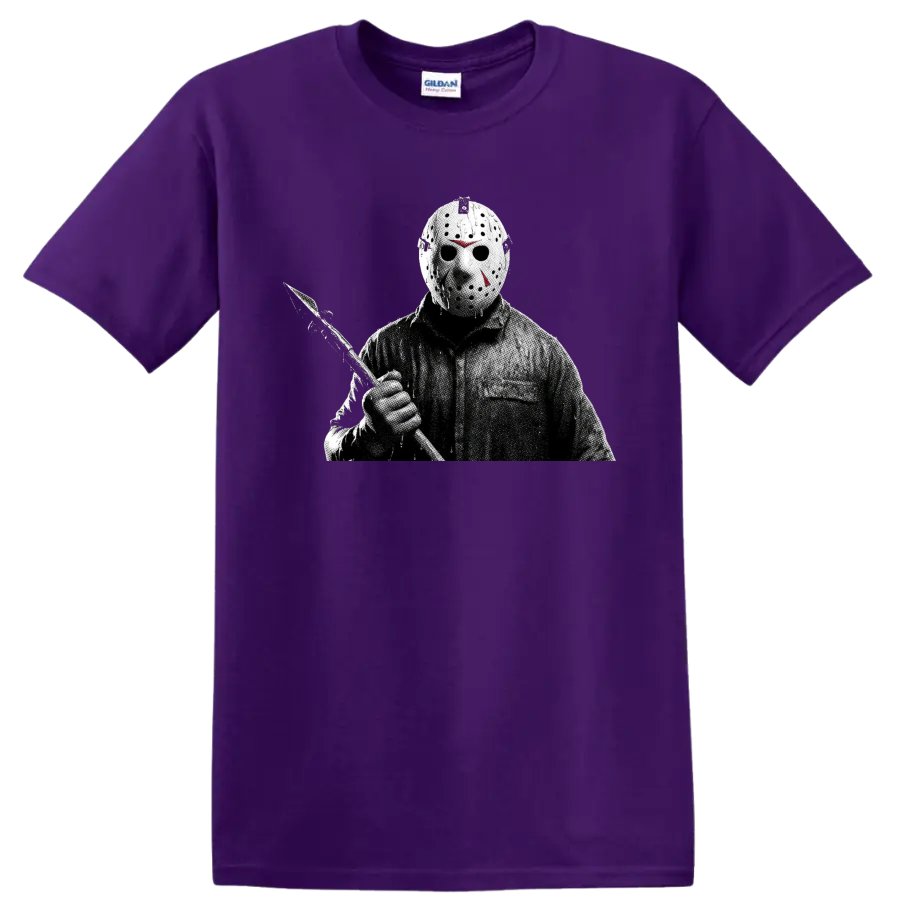 Jason Voorhees hockey mask and machete horror halftone graphic on a Purple T Shirt