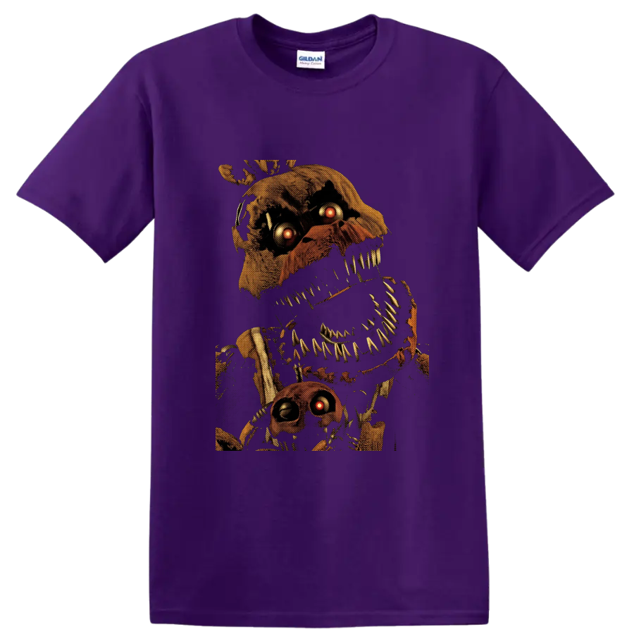 Nightmare Chica distressed animatronic horror graphic with glowing eyes on a Purple T Shirt