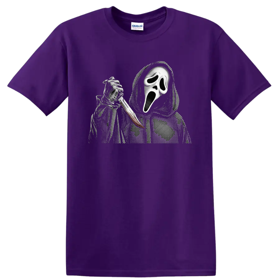 Ghostface from Scream in a hood holding a knife, vintage halftone horror art on a Purple T Shirt
